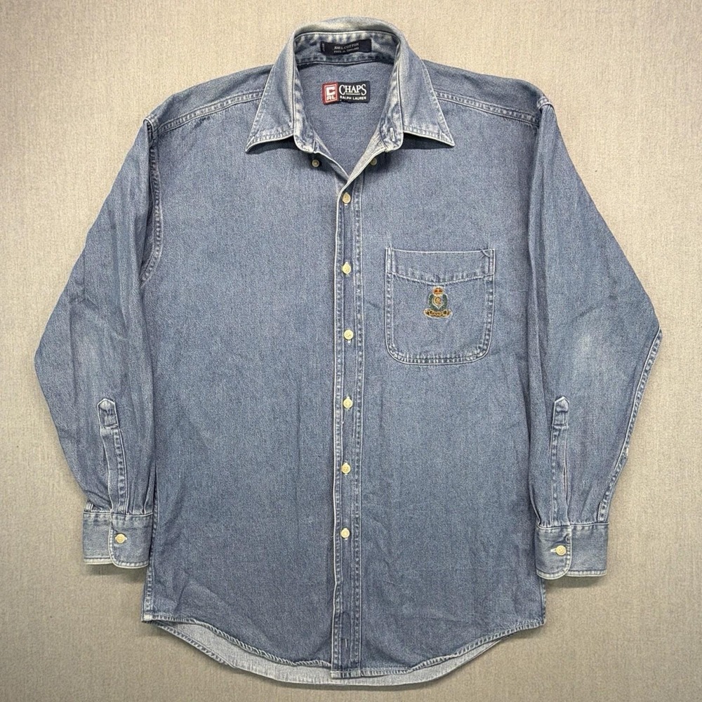 Vintage Chaps Ralph Lauren Denim Shirt Mens Large Blue 90s Fit Cotton